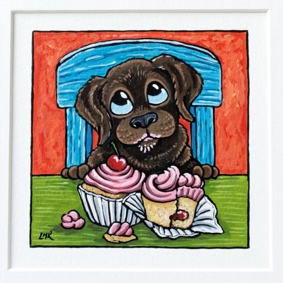 Whimsical Chocolate Labrador Dog Cupcakes - Original Painting - Mounted