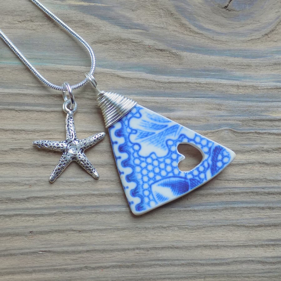 Tumbled pottery pendant,wire wrapped with starfish charm