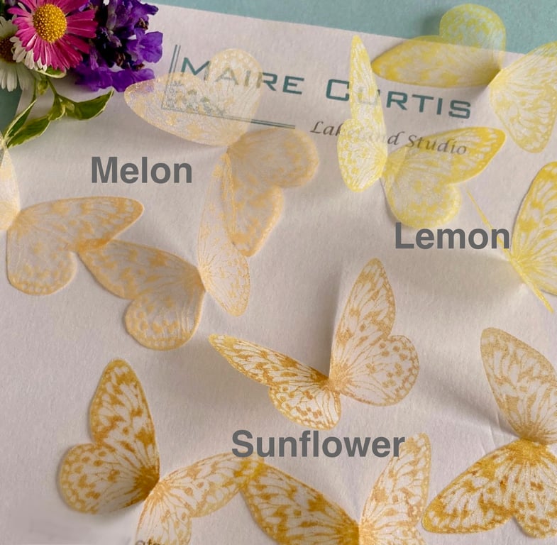 Hand printed silk butterflies in shades of yellow. Two sizes