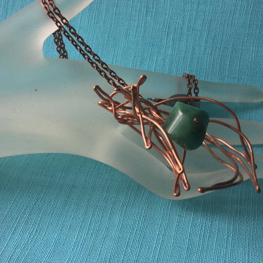 Christmas Gift Green Agate Copper Wire Wrapped Pendant