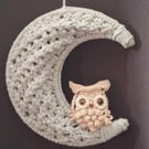 Macramé Owl on Crescent Moon, Handmade Cotton Wall Hanging, macrame, 3D moon art