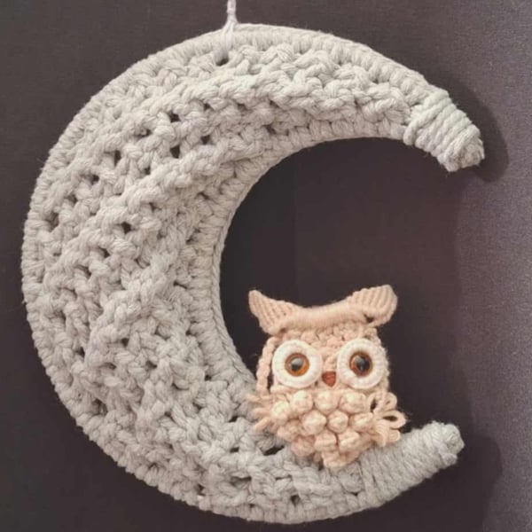 Macramé Owl on Crescent Moon, Handmade Cotton Wall Hanging, macrame, 3D moon art