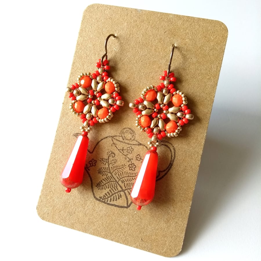 Retro Orange and Red Drop Earrings