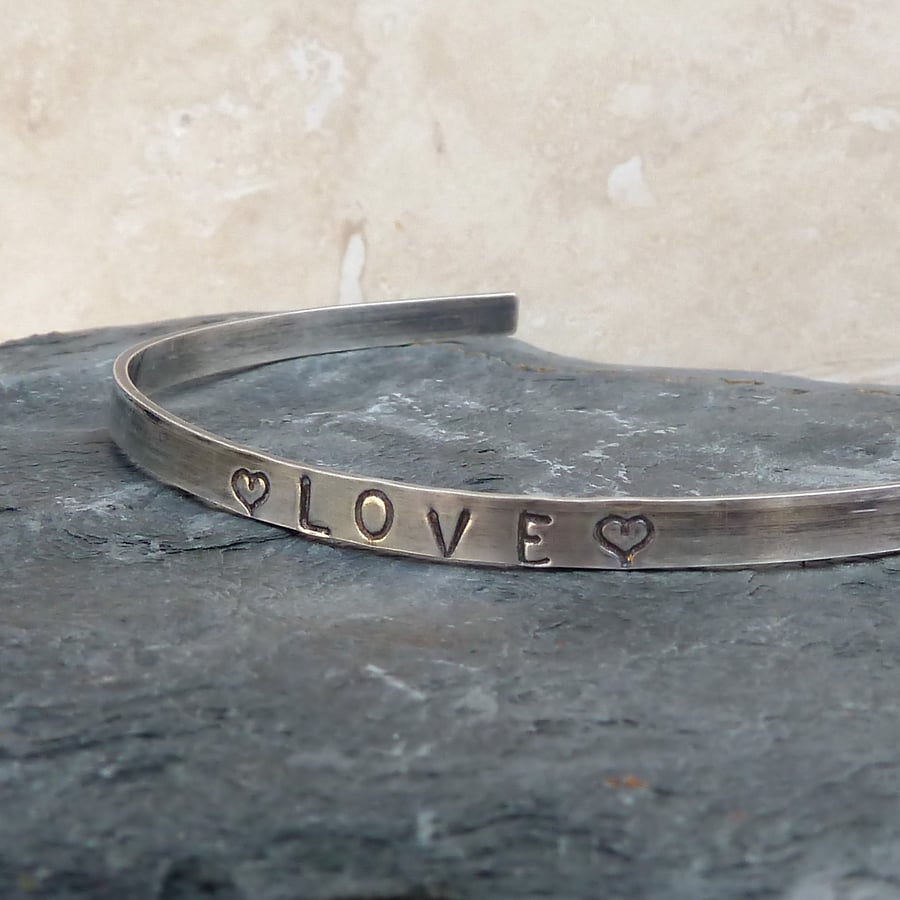 LOVE Hand Stamped Sterling Silver Bangle - B0053