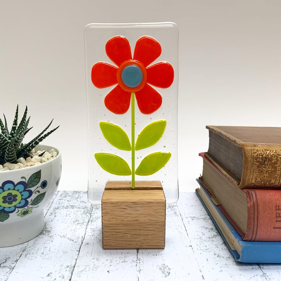 Fused Glass Red Retro Flower On Oak - Fused Glass Artwork