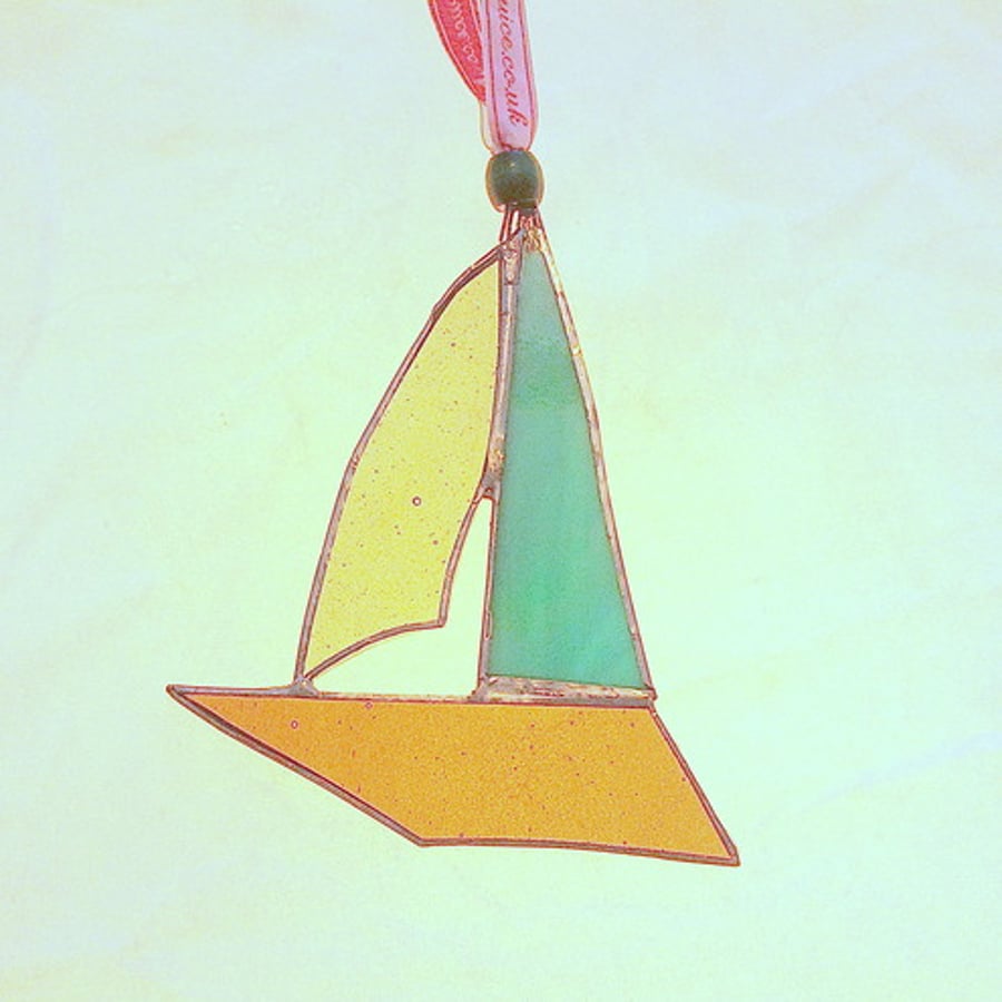 Turquoise, Yellow and Orange Stained Glass Boat Suncatcher