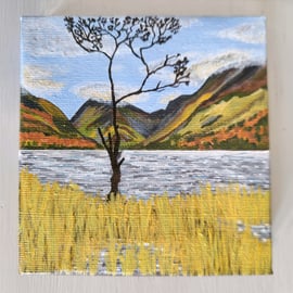 The Lone Tree at Buttermere, Lake District Miniature Acrylic Painting on Canvas