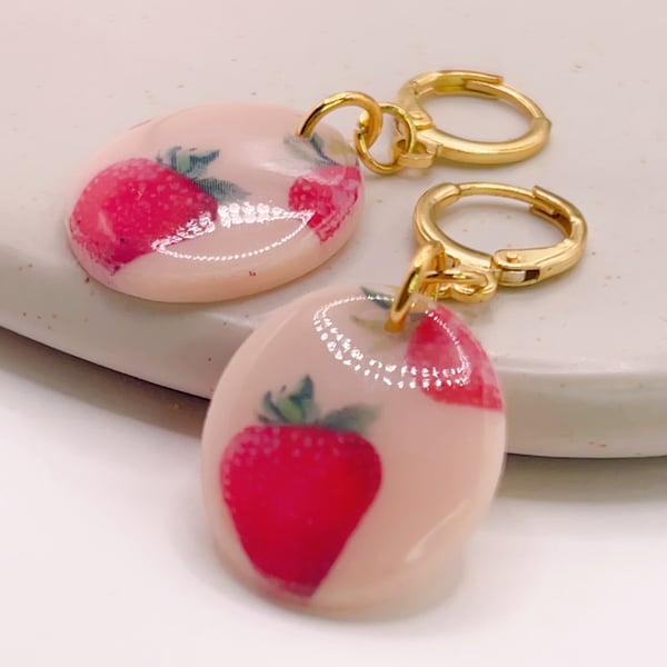 Strawberry hoop earrings, Fruit dangle jewelry for gift