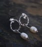 Textured Oval Silver Earrings with Freshwater Pearl Drop - Image 2