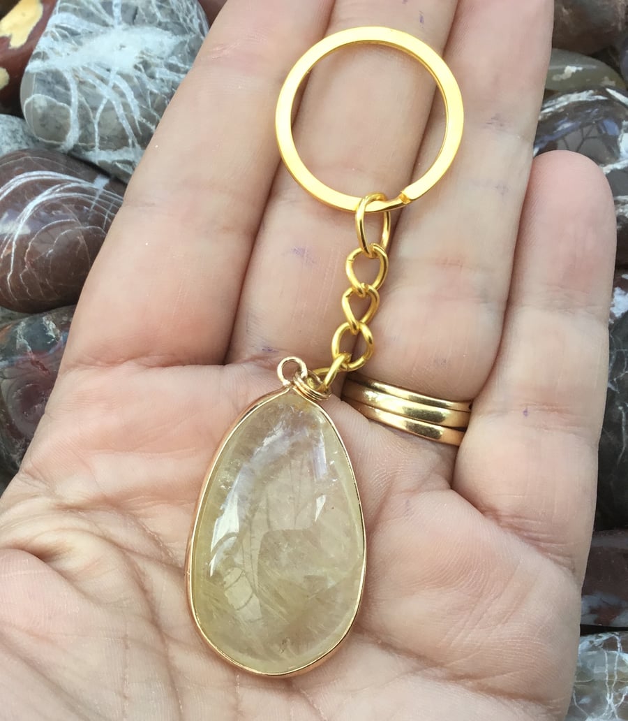 Angel Hair!  Golden Rutilated Quartz Gemstone Keyring or Handbag Charm.