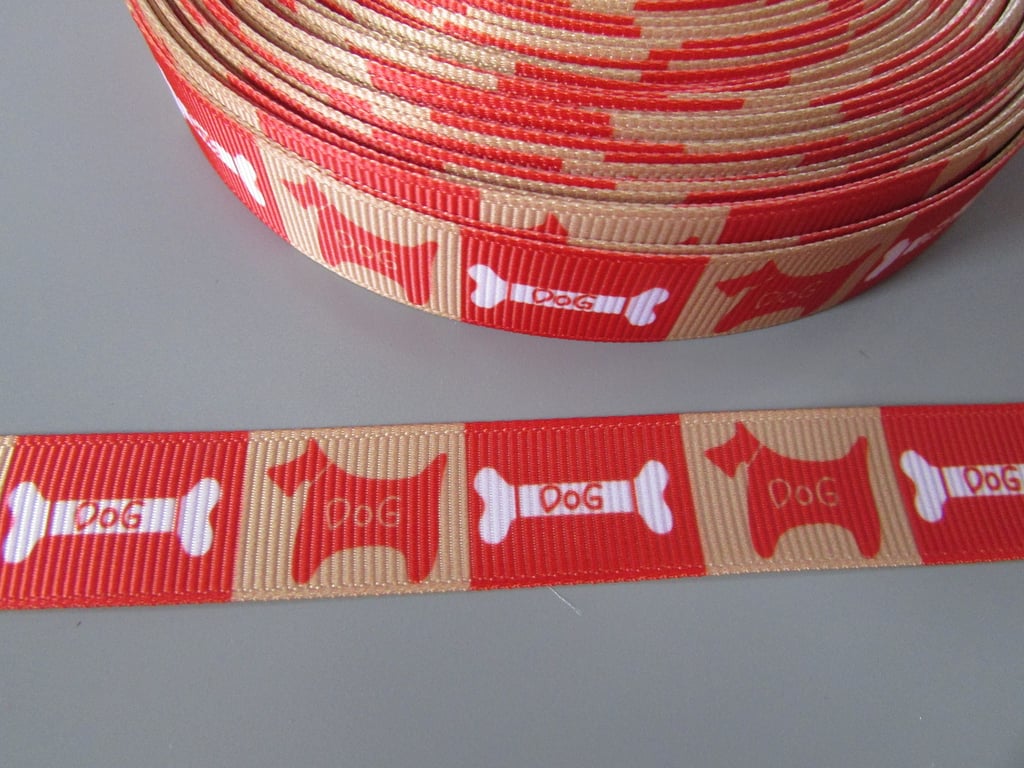 Beige and Red Dog and Bone 1.7cm Grosgrain Ribbon x 1 metre