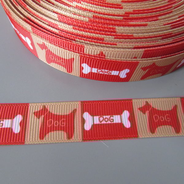 Beige and Red Dog and Bone 1.7cm Grosgrain Ribbon x 1 metre