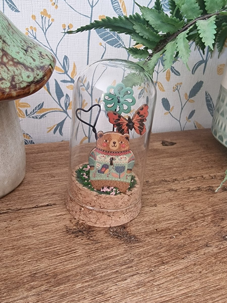 Glass dome with cute bear & butterfly scene. 