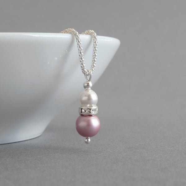 Dusky Pink Pearl and Crystal Necklace - Rose Drop Pendant - Wedding Jewellery