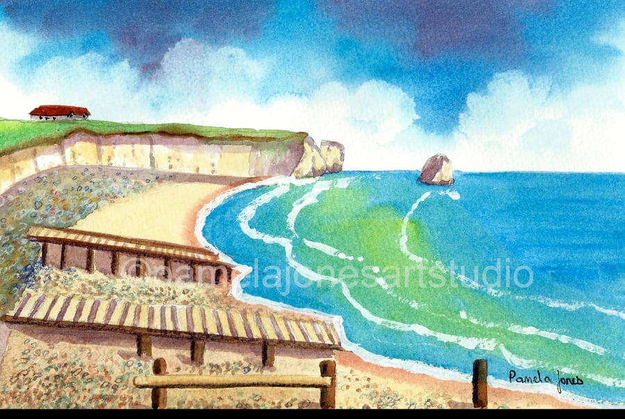 Freshwater Bay, Isle Of Wight, Original Watercolour in 14 x 11 '' Mount
