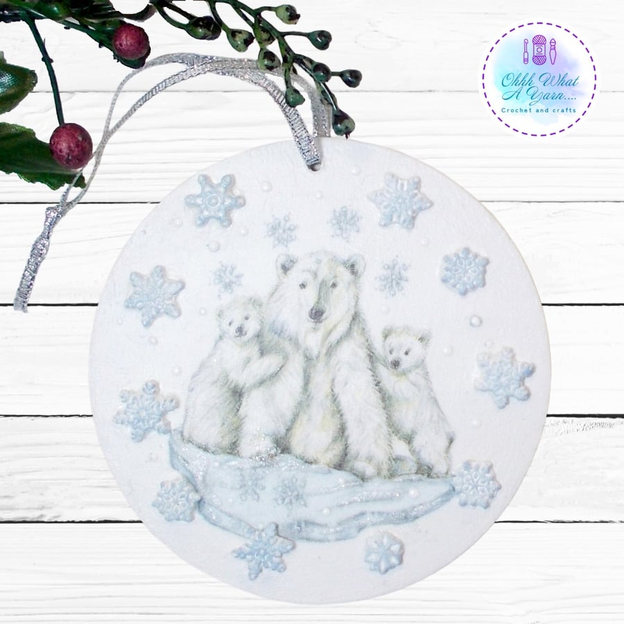 Polar bear mixed media hanging decoration. Polar bear ornament. 