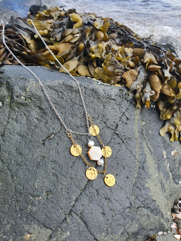 Gold silver mother of pearl disc statement necklace