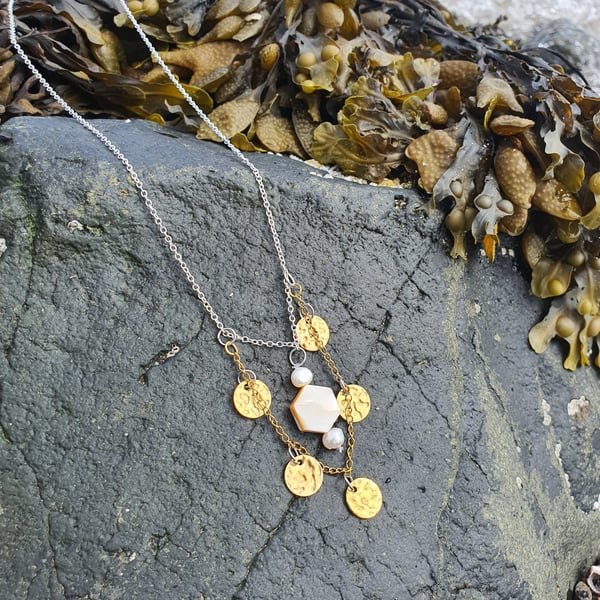 Gold silver mother of pearl disc statement necklace