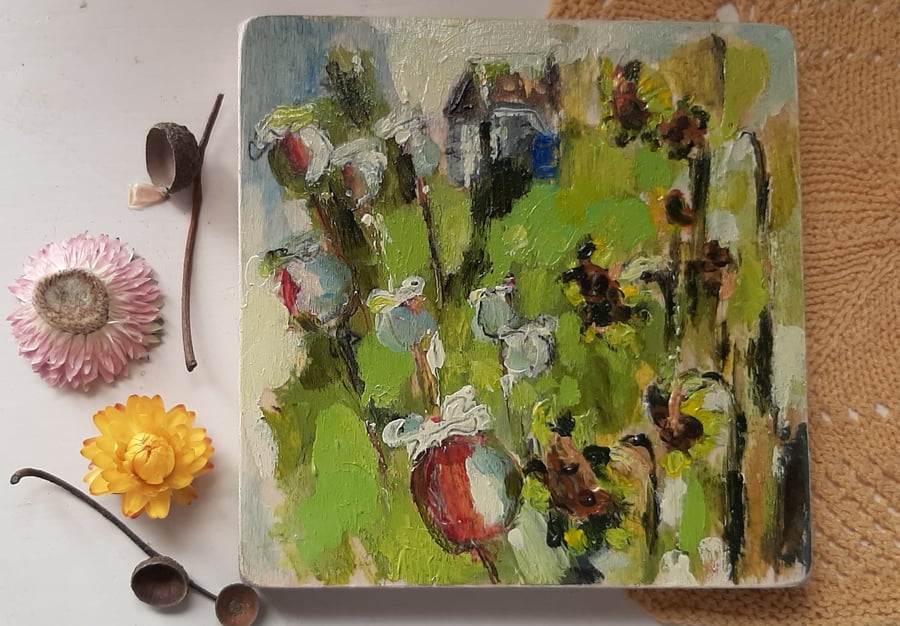 Sunflowers and poppy heads .allotment painting 