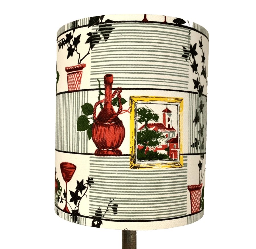 Iconic 50s 60s Homestyle Red Vases Barkcloth Vintage Fabric Lampshade option 