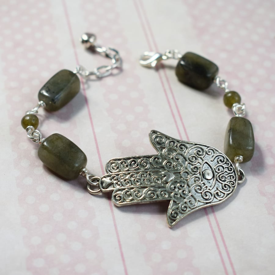 Labradorite and Hamsa Hand Adjustable Bracelet