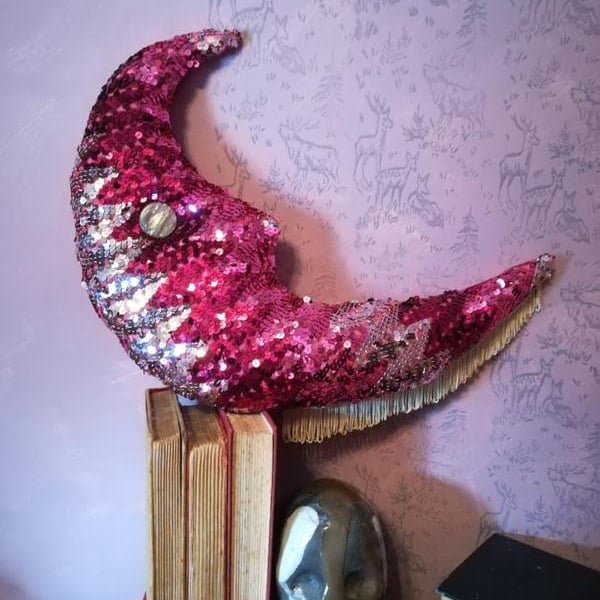 Boudoir moon, glittering, pink sequin moon, wall hanging, OOAK