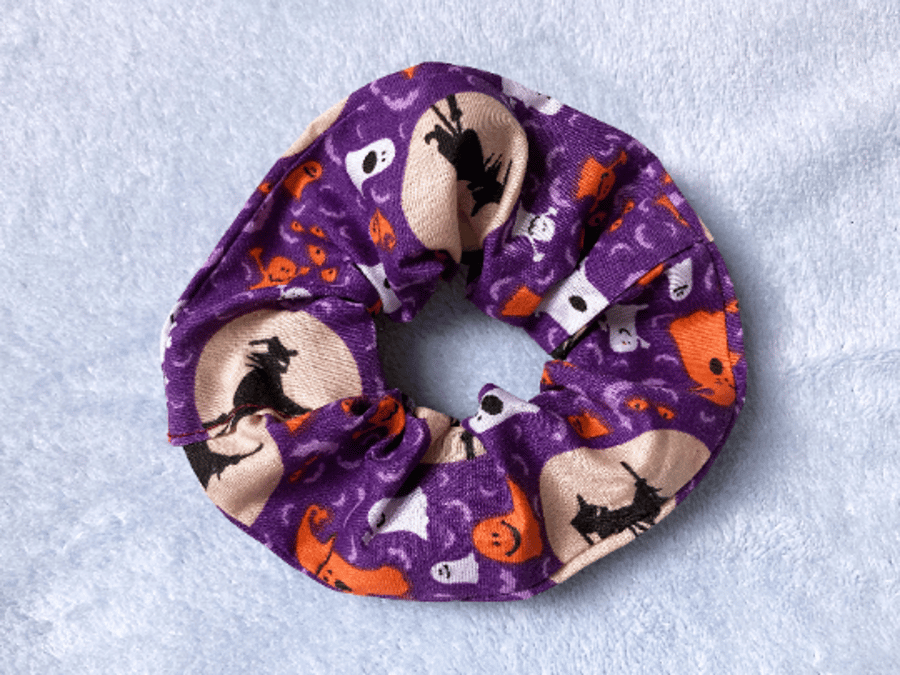 Halloween hair scrunchie, purple, witches, cute ghosts, novelty themed