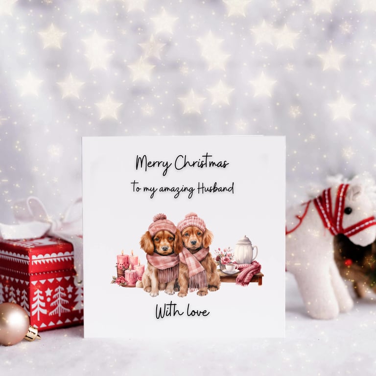 Christmas card watercolour spaniels for Husband, Wife, or Personalised