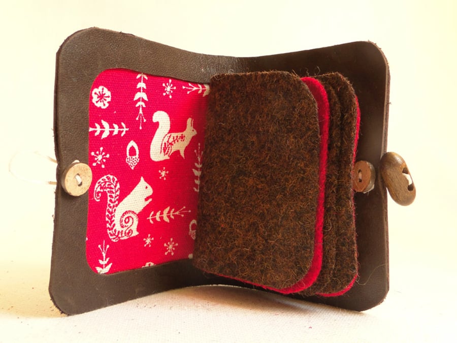 Squirrel Fabric Needle Case - Sewing Accessory - Brown Leather Needle Book 
