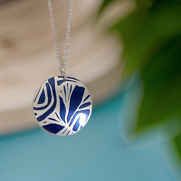 Abstract blue necklace, 32mm disc pendant, handmade jewellery. (829)