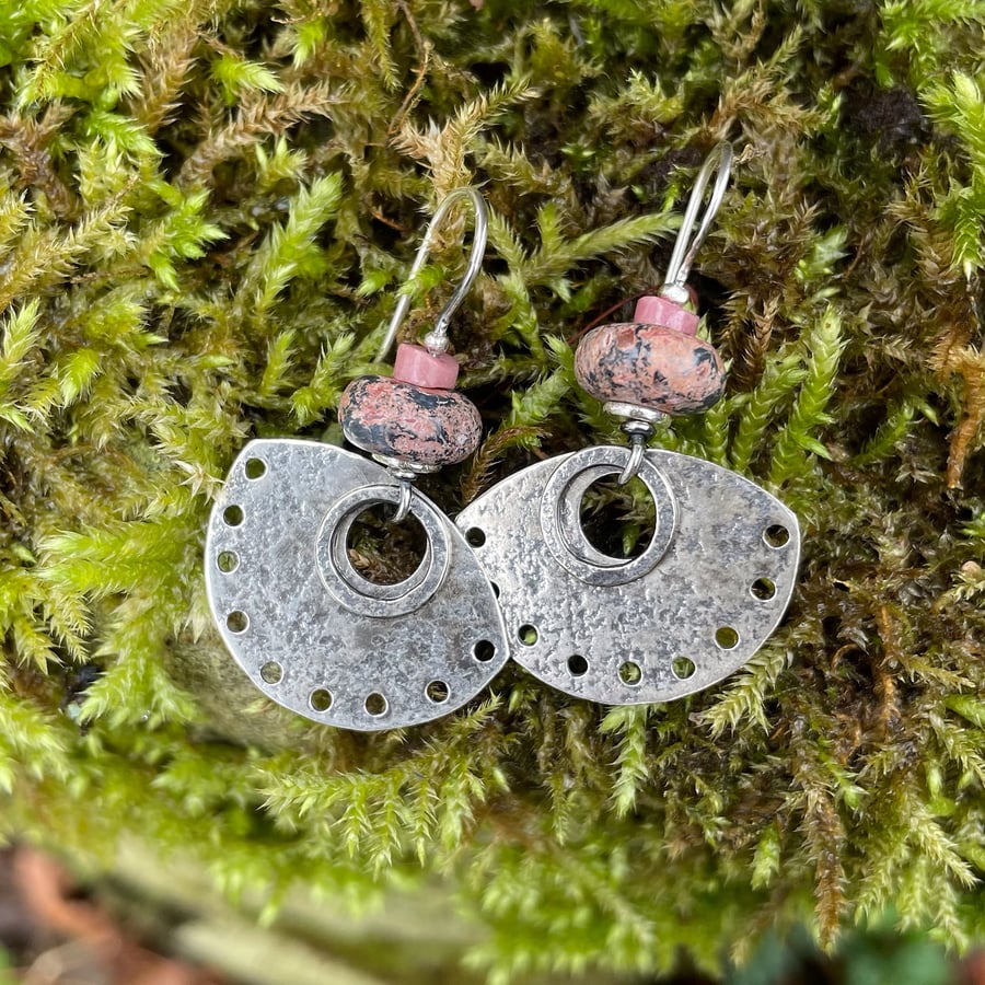 Silver drop earrings with pink jasper and rhodonite beads
