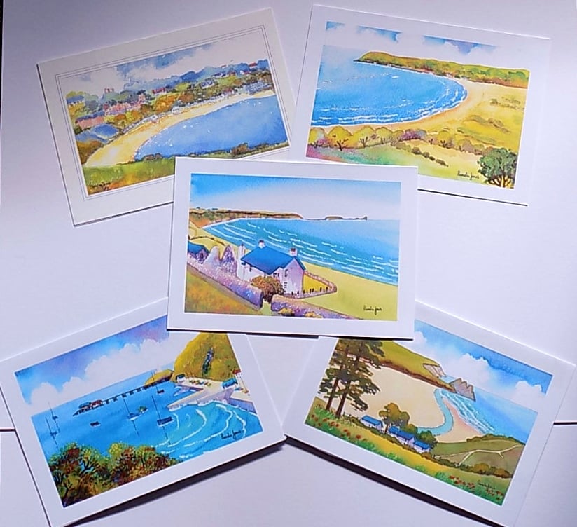 Art Greetings Cards, Set of 5, of Mumbles and Gower, Blank inside, A5