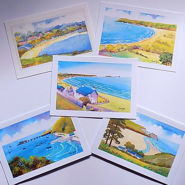 Art Greetings Cards, Set of 5, of Mumbles and Gower, Blank inside, A5