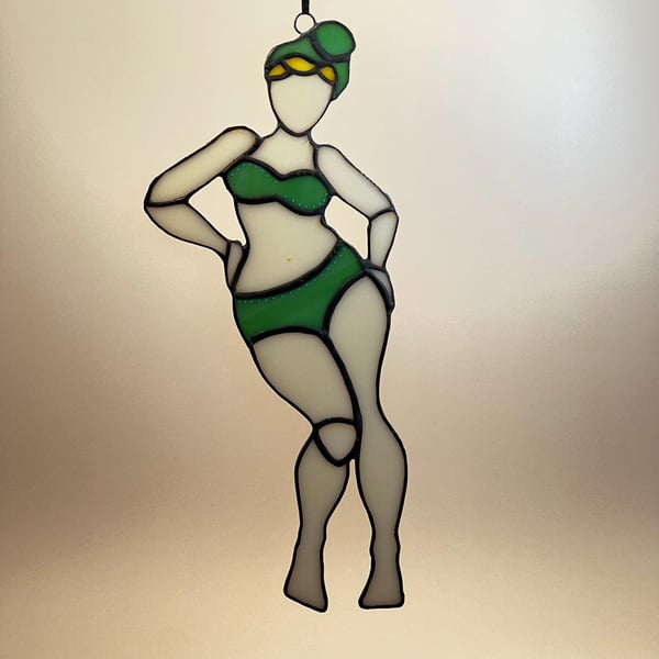 Stained Glass Suncatcher, Retro Curvy Woman Bikini