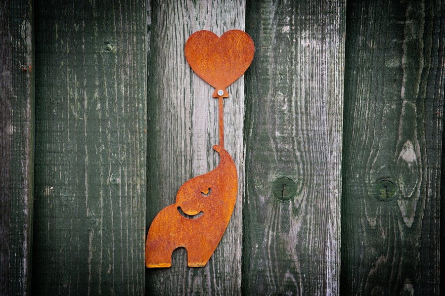 Elephant Holding Heart Balloon Wall Art, Metal Fence Art, Ivory Anniversary Gift