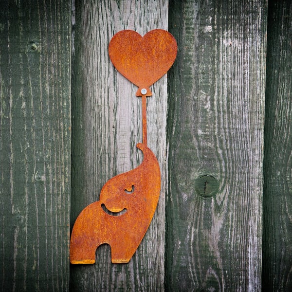 Elephant Holding Heart Balloon Wall Art, Metal Fence Art, Ivory Anniversary Gift