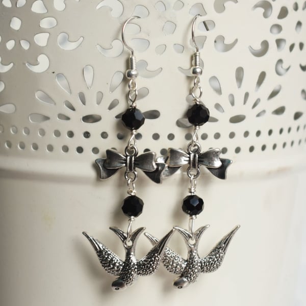 Swallow and Bow Earrings with Black Glass Beads