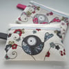 freehand embroidered floral bird small purse or case - grey blue