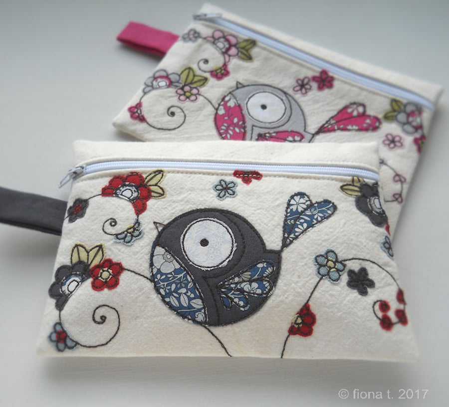 freehand embroidered floral bird small purse or case - grey blue