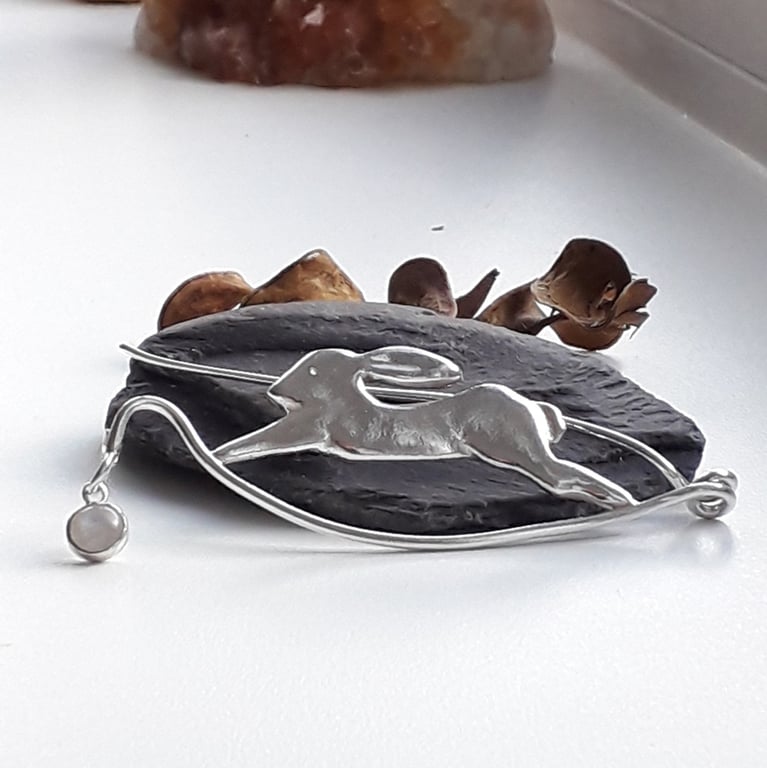Large silver Hare brooch with moonstone handmade hallmarked