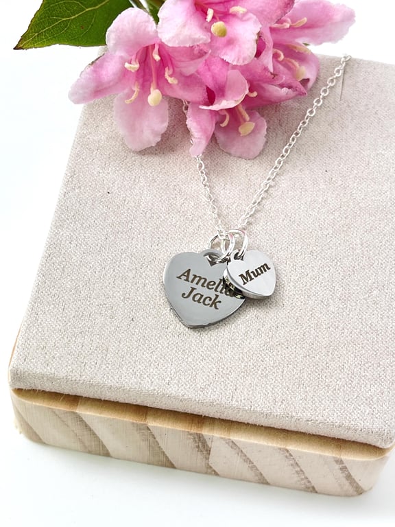 Silver Engraved Name Necklace & Birthstone for Mum, with Children's Names