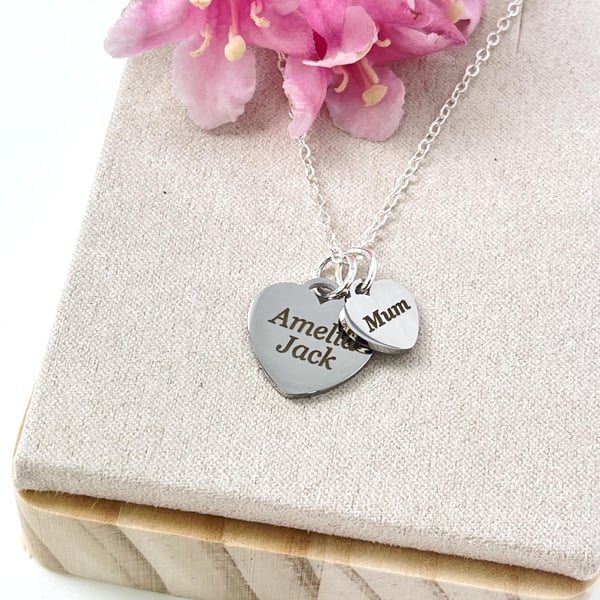 Silver Engraved Name Necklace & Birthstone for Mum, with Children's Names