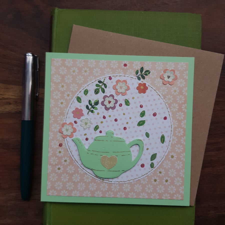 Handmade blank card, keepsake with mint green teapot and flowers