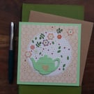 Handmade blank card, keepsake with mint green teapot and flowers