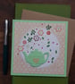 Handmade blank card, keepsake with mint green teapot and flowers
