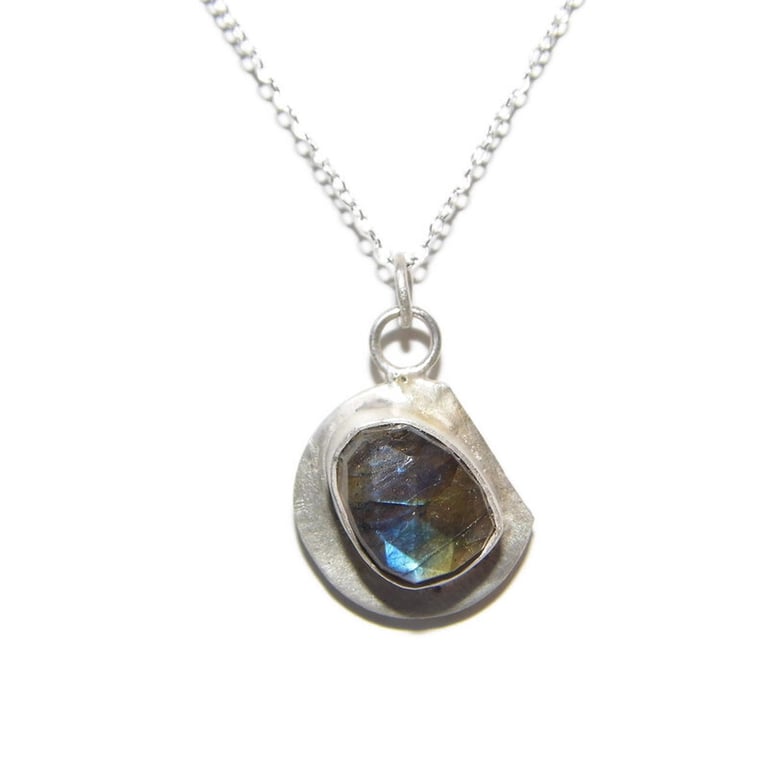 Sterling silver disc pendant with rose cut labradorite, Unique Artisan pendant