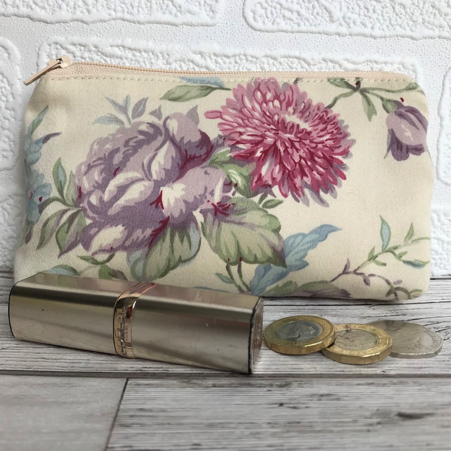 Large purse, coin purse in cream with pink and purple flowers