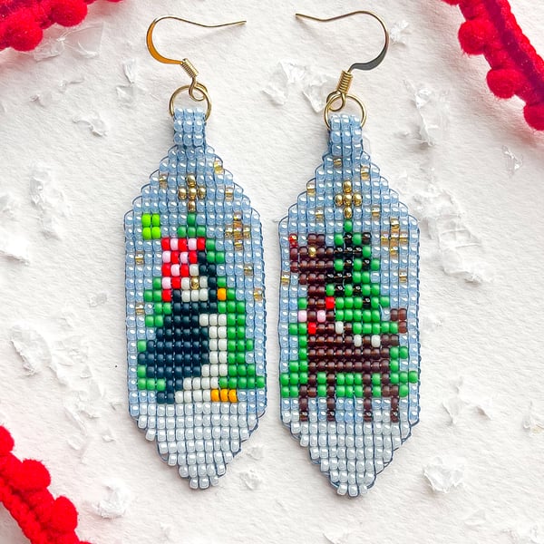 Penguin & Reindeer Unique Christmas Beaded Earrings – Festive Fun
