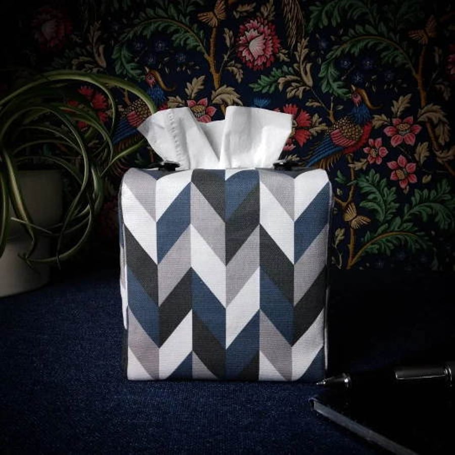 Square Tissue Box Cover - Blue Herringbone