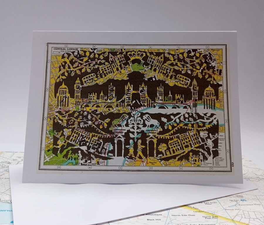 Waterloo Sunset, London Greeting Card, Papercut on Vintage map